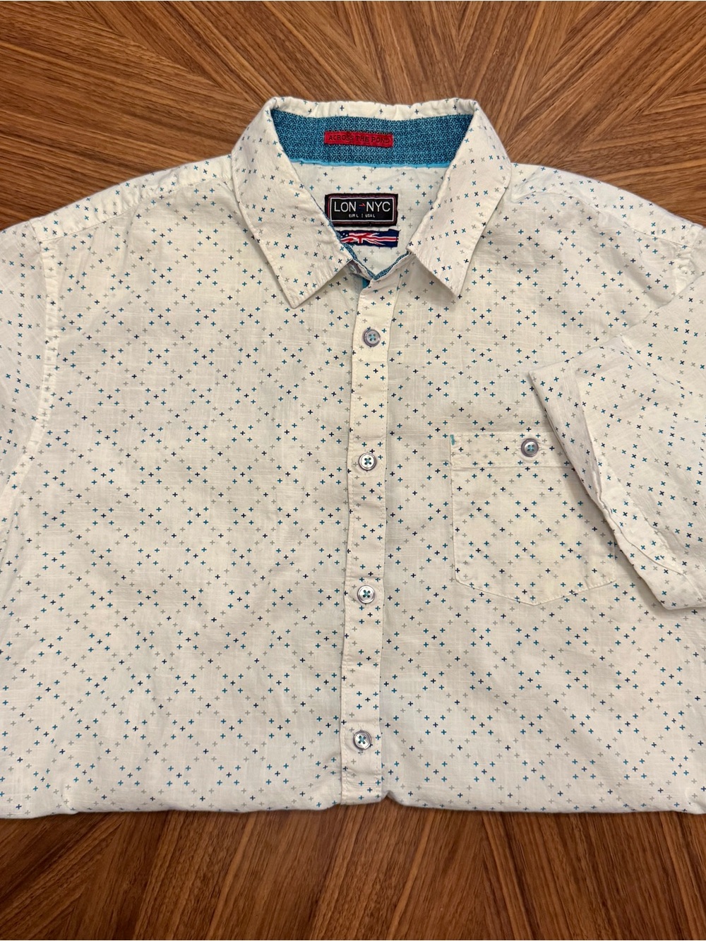 Short-Sleeve Casual Button-Down Shirt by NYC - Cream with Blue Dot Print